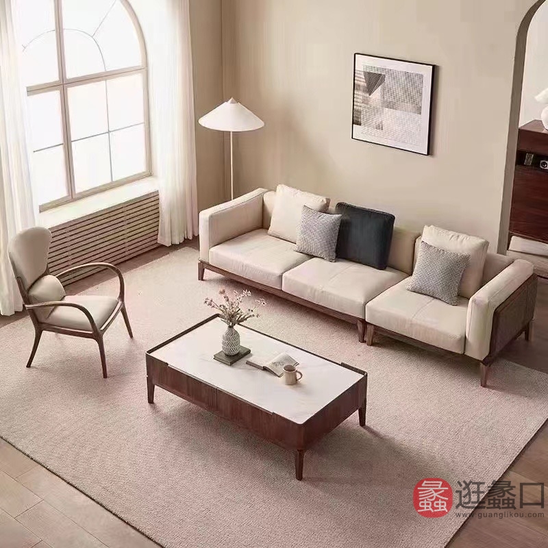 库维卡家具（意式极简）客厅实木+布艺沙发组合直排沙发北美黑胡桃木KWK018