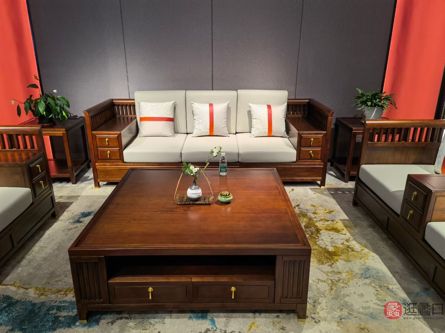 瀚林雅苑新中式家具客厅实木沙发组合乌金木HLYY014