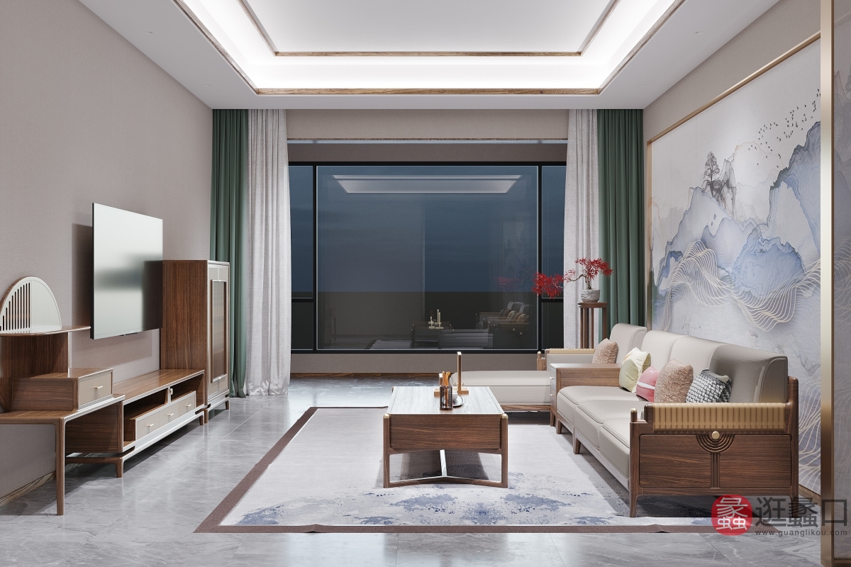忆匠南新中式家具客厅沙发+高低电视柜YJN011