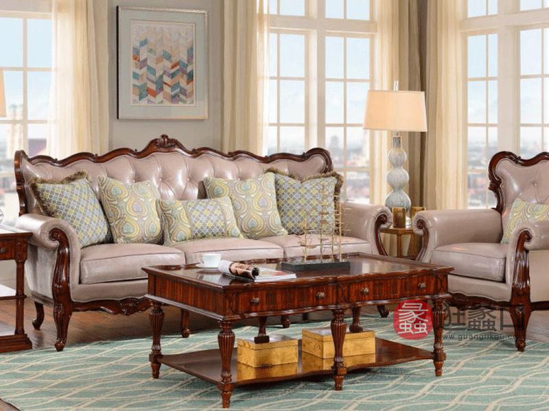 美哈特家具美式客厅沙发实木牛皮沙发三人位三人位沙发茶几组合MHT044