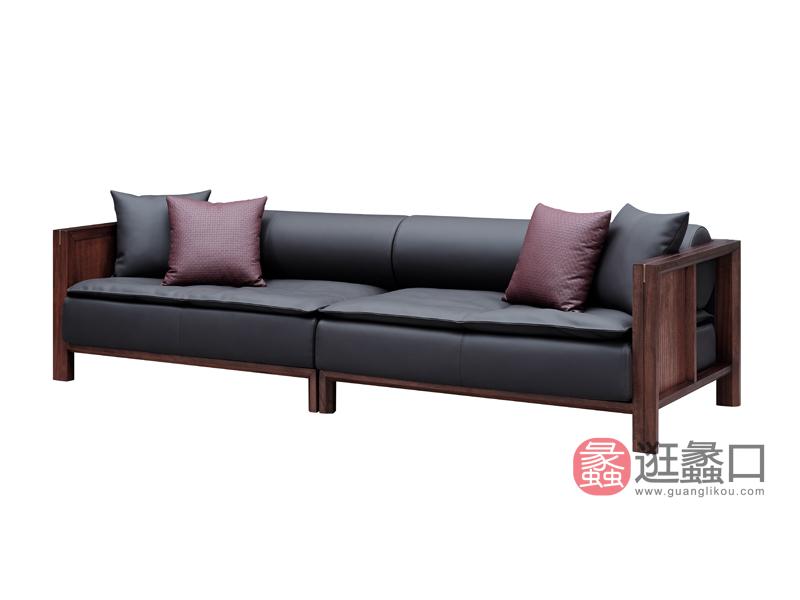 新中式乌丝檀木实木沙发头层皮沙发M01-2三人位沙发