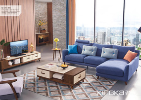 健輝家居·勁凱家具現代北歐客廳北美白蠟木藍色時尚沙發+休閑椅組合JK029