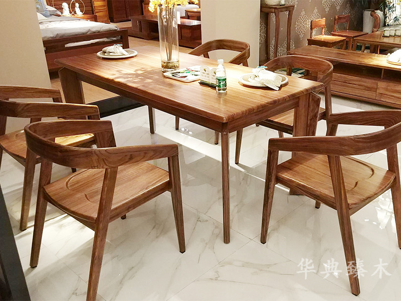 华典臻木·欧尚格家居新中式餐厅乌金木实木方形餐桌+带扶手餐椅组合