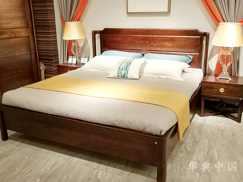 华典中国·欧尚格家居新中式卧室榆木实木双人床+床头柜组合