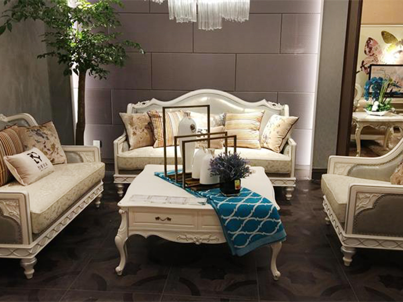 【欧尚格家具】融誉家具系列美式客厅珍珠白实木桃花芯木双人位/三人位/单人位沙发组合/茶几