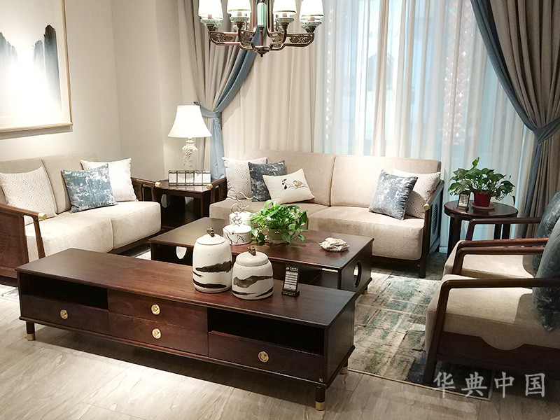 华典中国·欧尚格家居新中式客厅榆木实木单人位+双人位+多人位沙发+茶几/茶边几组合