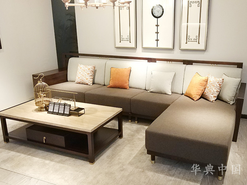 华典中国·欧尚格家居新中式客厅榆木实木淡雅带贵妃榻沙发+茶几组合