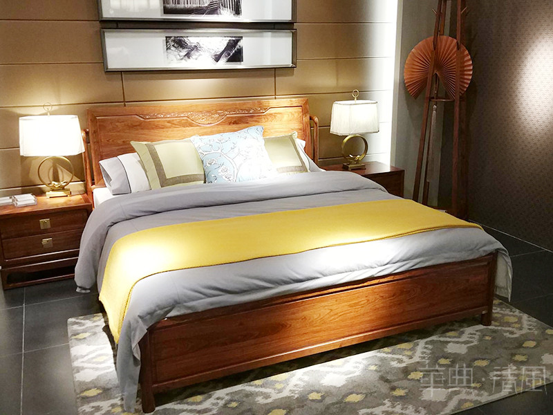 华典清风·欧尚格家居家具新中式卧室刺猬紫檀红木双人大床+床头柜+衣帽架组合