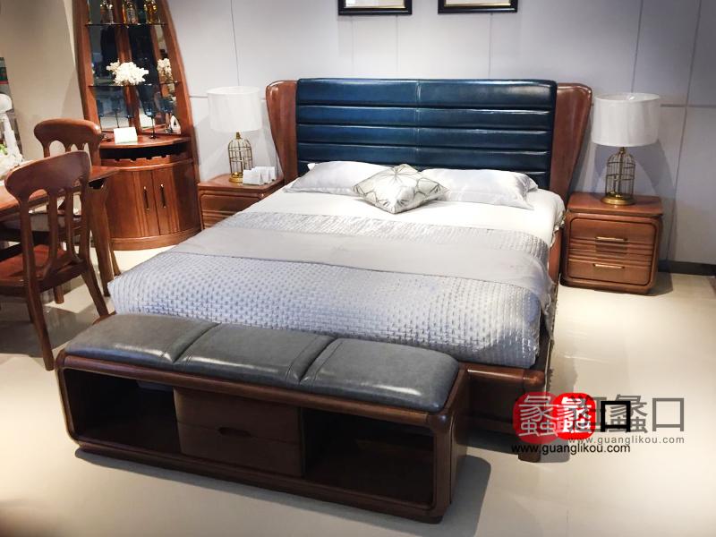 沙隆家具中式卧室实木真皮大床/床头柜/电视柜