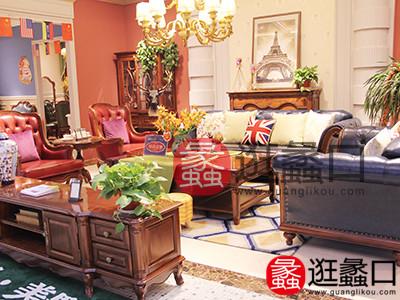 美品美墅家具经典美式大气厚重客厅实木皮质沙发/茶几组合