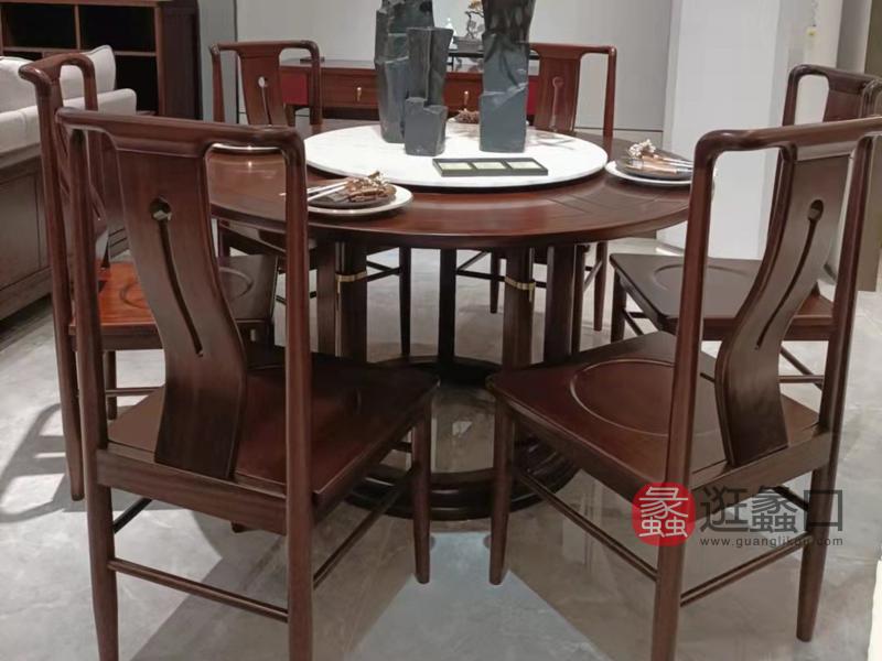 云熙家具新中式餐厅餐桌椅实木餐桌圆形餐桌一桌六椅YX011