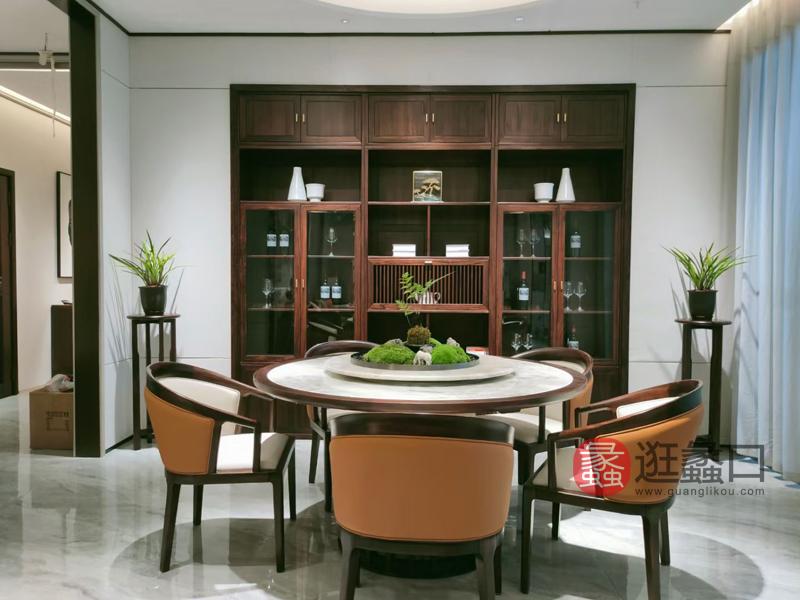 新中式实木大理石餐桌圆餐桌餐椅LX016