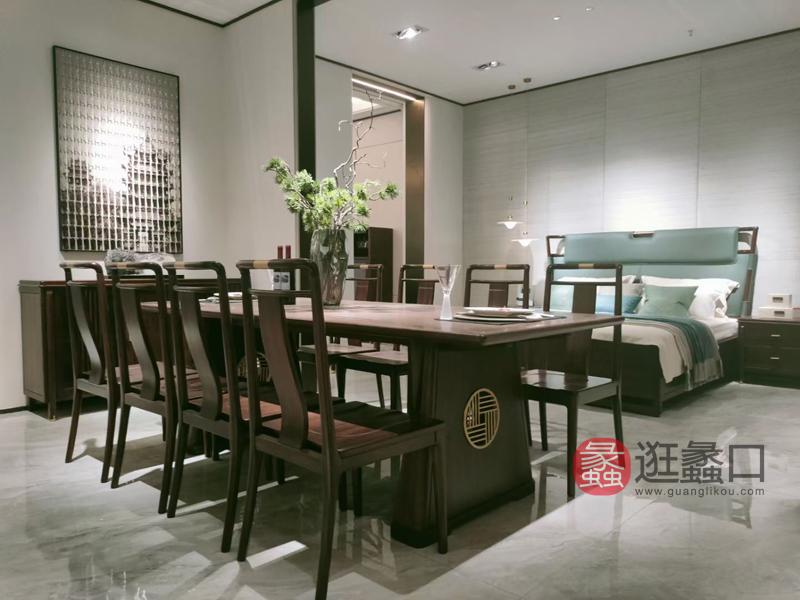 领秀江南家具新中式餐厅餐桌椅实木长餐桌一桌八椅LX020