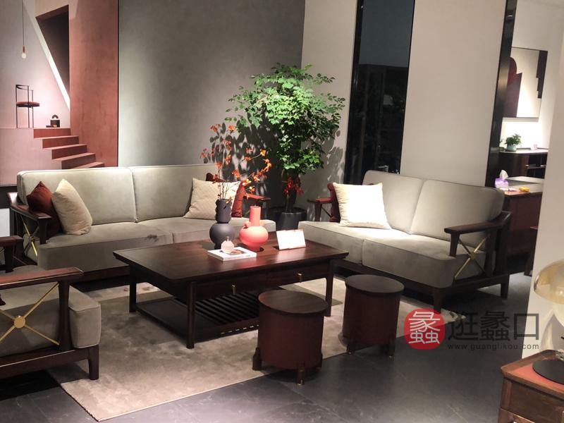 朴玺家具新中式客厅沙发实木沙发单人位沙发两人位沙发茶几组合PX001
