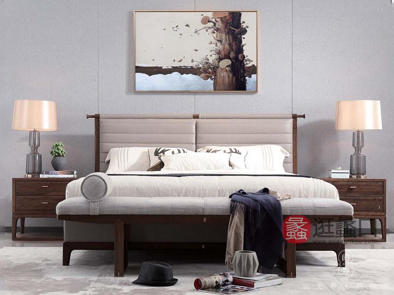 阅界新中式家具新中式卧室北美黑胡桃实木简约双人床+床头柜组合