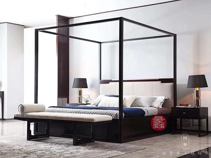 阅界新中式家具新中式卧室紫檀实木优雅双人框架床+床尾凳组合