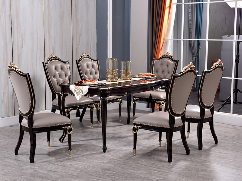 帝欧华庭家居欧式餐厅餐桌椅黑檀高级灰皮餐桌椅全实木雕花餐桌椅一桌