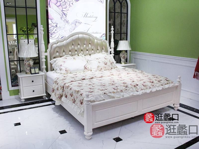 茉莉花香家具韩式卧室实木皮艺软靠双人床/床头柜