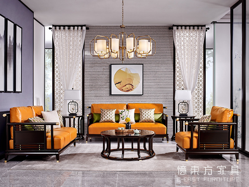 【荟萃东方·欧尚格家居】新中式客厅海棠木实木亮色软包沙发茶几组合