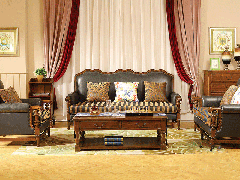 奥斯汀家具美式套房实木家具1+2+3头层牛皮沙发