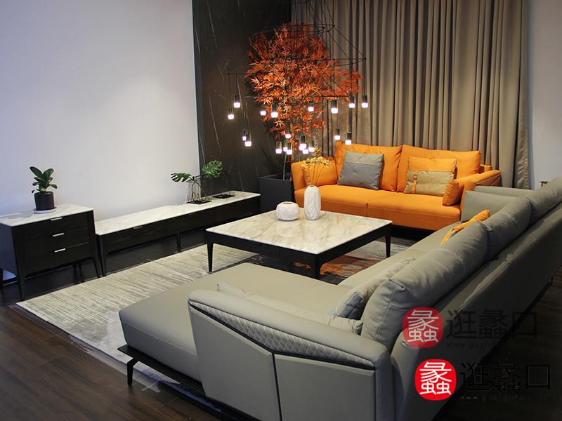 蠡口家具城米梵家具现代客厅现代简约时尚皮质沙发+茶几组合