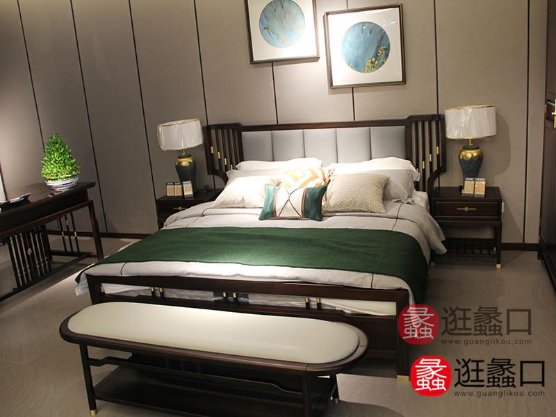 品院家具新中式卧室雅韵时尚双人舒适大床+床尾凳组合