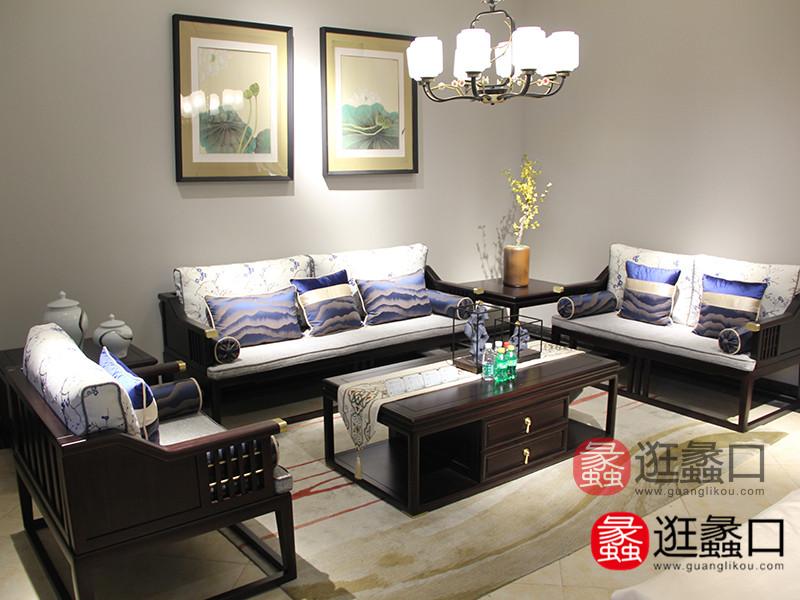 檀轩家具新中式客厅简约时尚布艺软包沙发+茶几组合