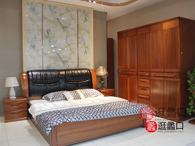 富仁源-中式系列中式卧室经典舒适皮质软靠双人大床