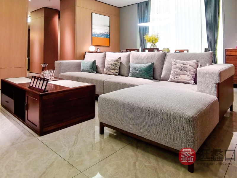 君诺家居·一品海棠·己玉家具黑檀木布艺现代简约高级客厅沙发YP215