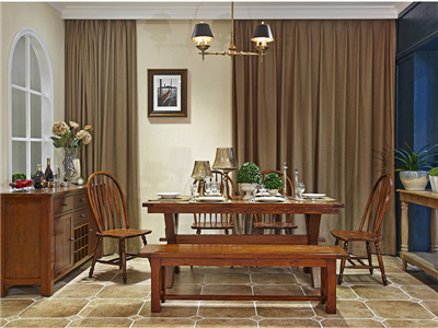 90空间家具·爵典家居美式深色餐厅实木长餐桌椅/餐边柜