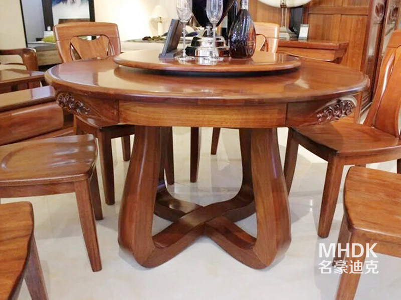 名豪迪克家具新中式餐厅金丝檀木实木圆形带转盘餐桌椅组合
