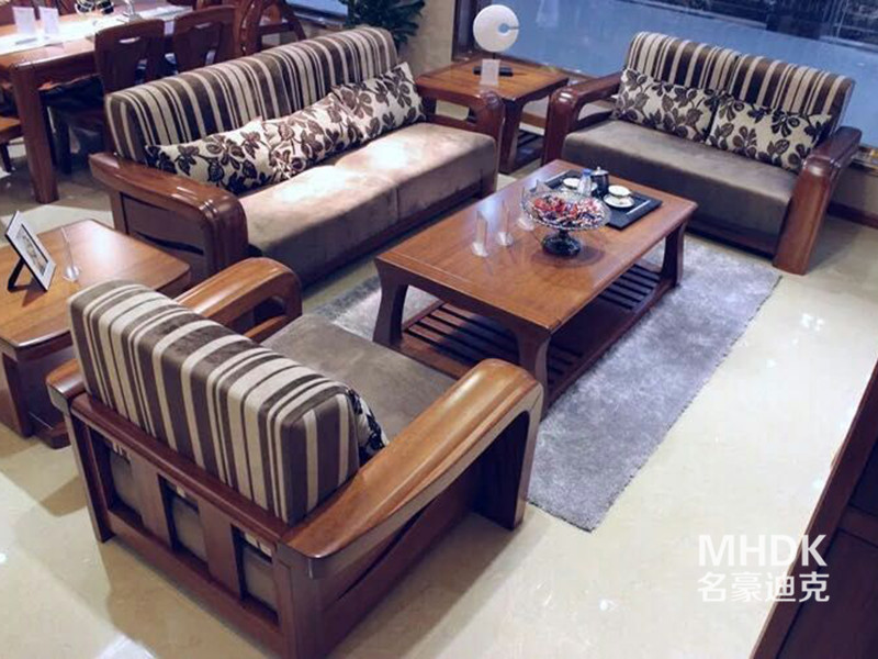 名豪迪克家具新中式客厅金丝檀木实木布艺软包沙发茶几组合