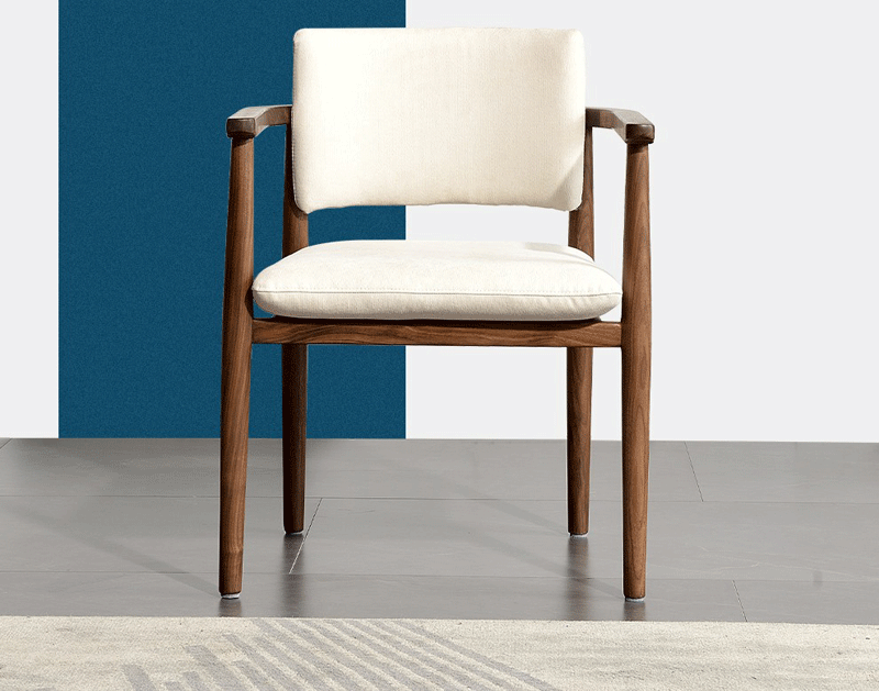  北欧餐椅 休闲椅 个性意式弧形靠背椅 客厅椅 圈椅 北美黑胡桃木意式轻奢 米白色棉麻布艺