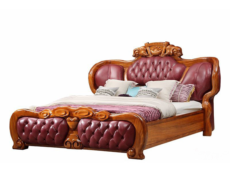 圣美至尊家具欧式卧室非洲乌金木实木典雅舒适皮质大床