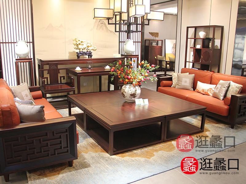 润物家具新中式客厅典雅时尚软包沙发+茶几组合