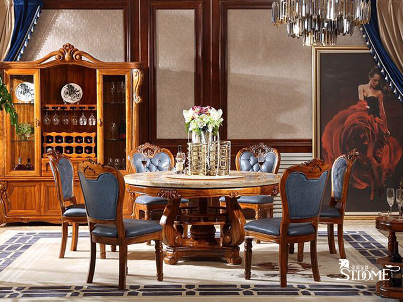 圣美至尊家具欧式餐厅非洲进口乌金木实木圆形蓝色典雅餐桌椅组合