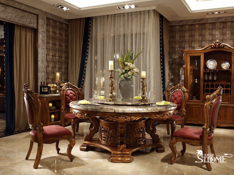 圣美至尊家具欧式餐厅非洲进口乌金木实木大气雕花餐桌椅组合