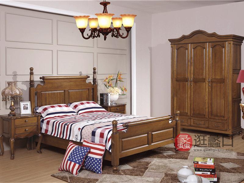 奥斯汀家具现代新美式卧室桃木双人大床和两个床头柜和衣柜组合