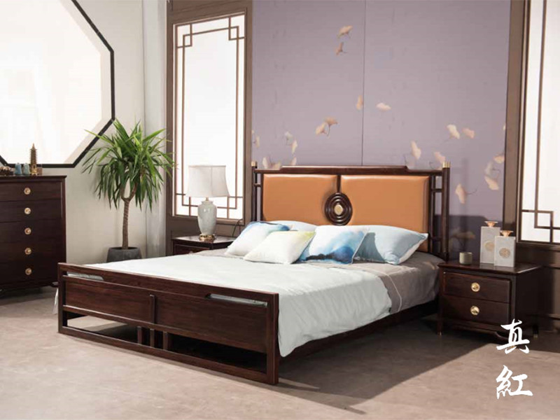 真红家具新中式卧室乌金木实木雅致软靠大床