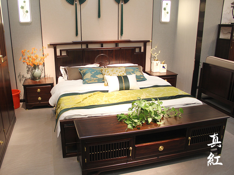 真红家具新中式卧室乌金木实木雅致舒适双人大床+床头柜组合