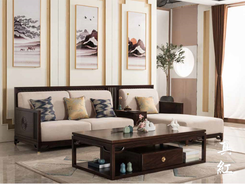 真红家具新中式客厅乌金木实木时尚雅致三人位沙发+茶几组合