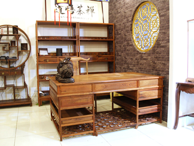 蠡口家具城永发老红木中式古典明式书房书台+书椅（官帽椅）+两个组合书柜