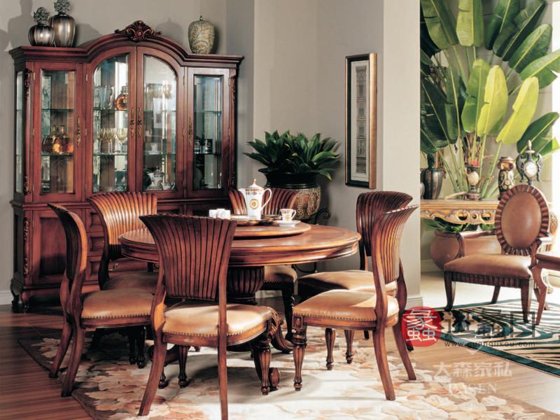大森家具华东营销中心欧式餐厅红榉木实木圆形带转盘餐桌椅+餐边柜组合