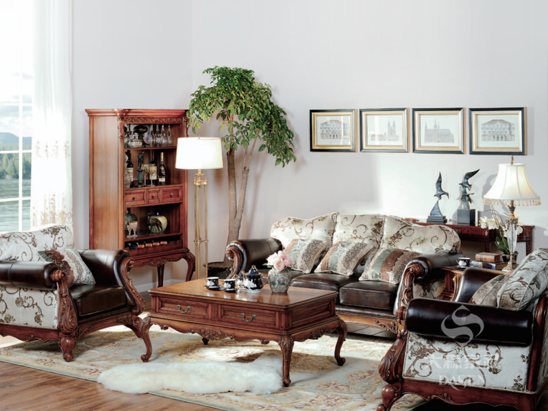 大森家私家具欧美风格客厅德国榉木实木皮布结合三人位沙发/单人位沙发/茶几/酒柜