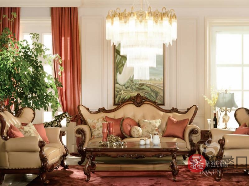 大森家具华东营销中心欧式客厅红榉木实木浅色沙发+茶几组合