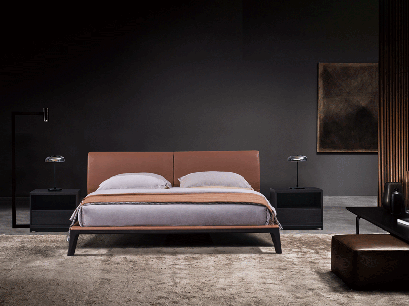 费丽斯家具意式现代极简实木皮质软包卧室床B06#真皮床