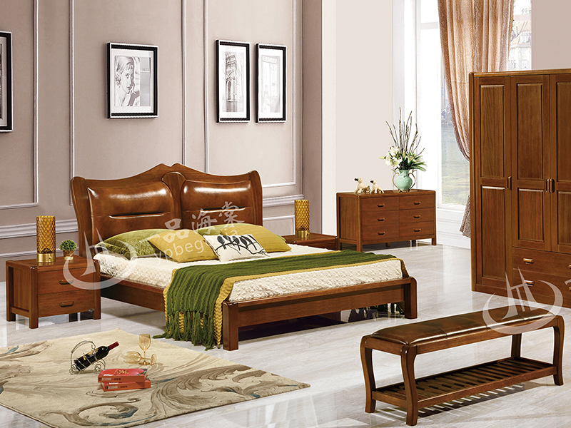 君诺家居·一品海棠家具 现代中式卧室海棠木实木812双人床/婚床/衣柜/床尾凳