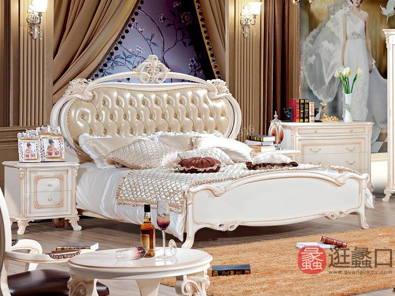 爱普菲斯家具欧式卧室实木古白色双人大床E836#/E20#床头柜
