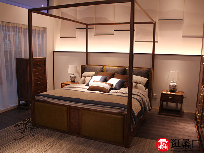 苏瓷·意·空间 新中式 刺猬紫檀 红木双人大床 带蚊帐架 新中式卧室床/床头柜