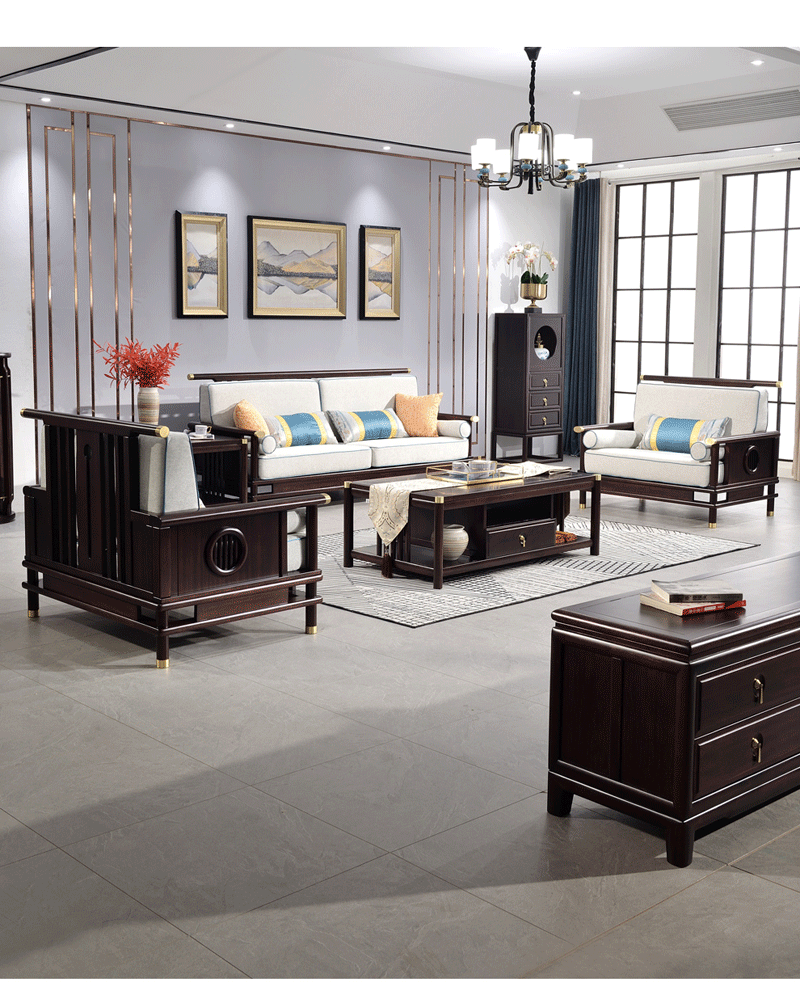 新中式沙发 实木沙发组合 檀木家具 现代中式布艺沙发 客厅家具全屋套房 高端家具 【三件套】1+2+3
